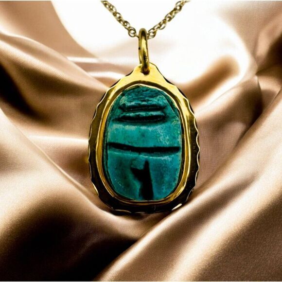 ANTIQUE- 14K Gold- Turquoise Scarab Faience Charm Necklace - Victorian Era -2.4g - Picture 1 of 16